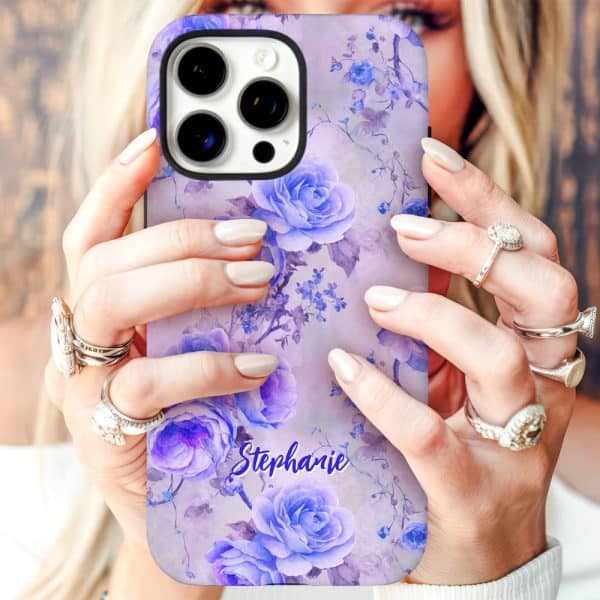A Lavender Phone Case With Watercolor Purple Roses And The Name Stephanie.