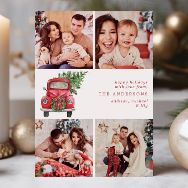 Christmas Family Photo Collage Featuring A Red Truck With A Christmas Tree, And The Anderson Family: Michael, Addison, And Lily.