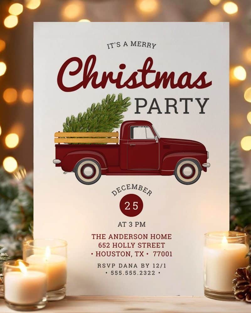 Christmas party invitation featuring a red vintage truck carrying a Christmas tree.