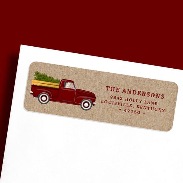 Red Pickup Truck Carrying A Christmas Tree On A Kraft Paper Return Address Label.