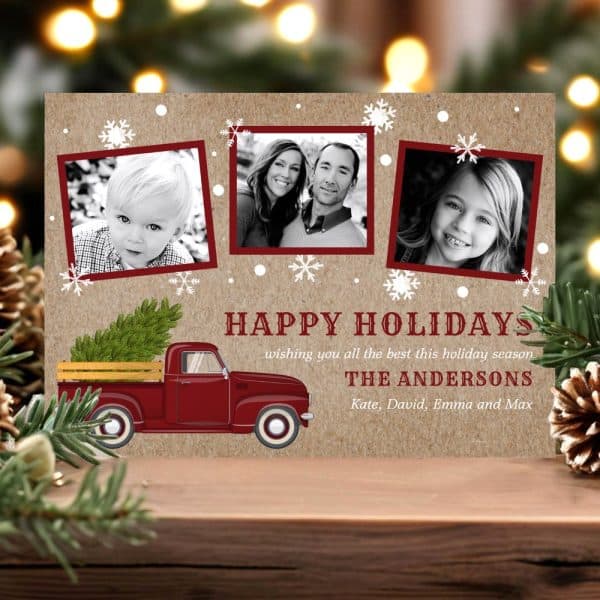 Christmas Holiday Card Featuring A Red Vintage Truck Carrying A Christmas Tree, And Three Family Photos.