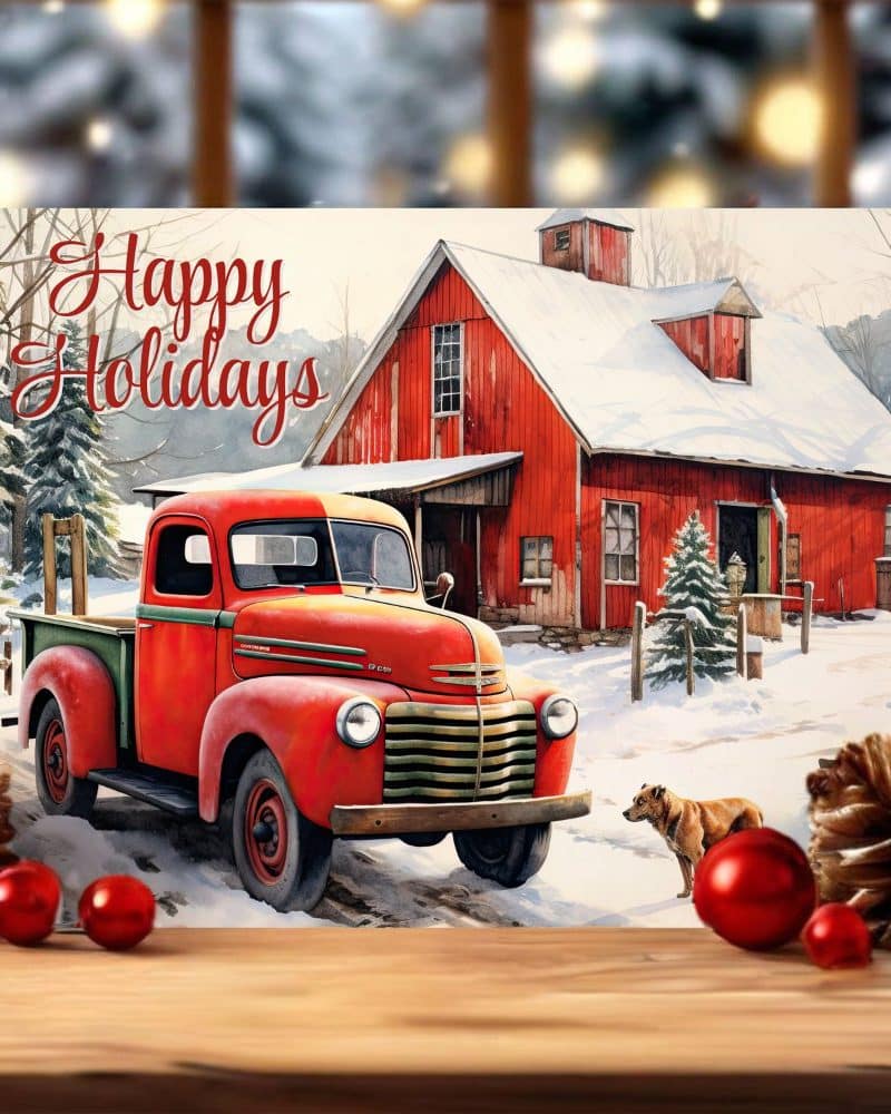 Happy Holidays card featuring a red vintage pickup truck parked in front of a snow-covered red barn.