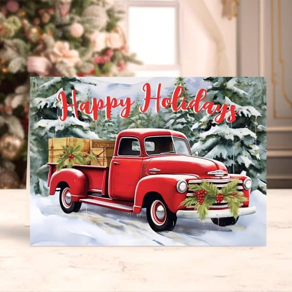 A Red Vintage Pickup Truck Carrying Christmas Packages Drives Through A Snowy Winter Scene. Happy Holidays Is Written Across The Top.