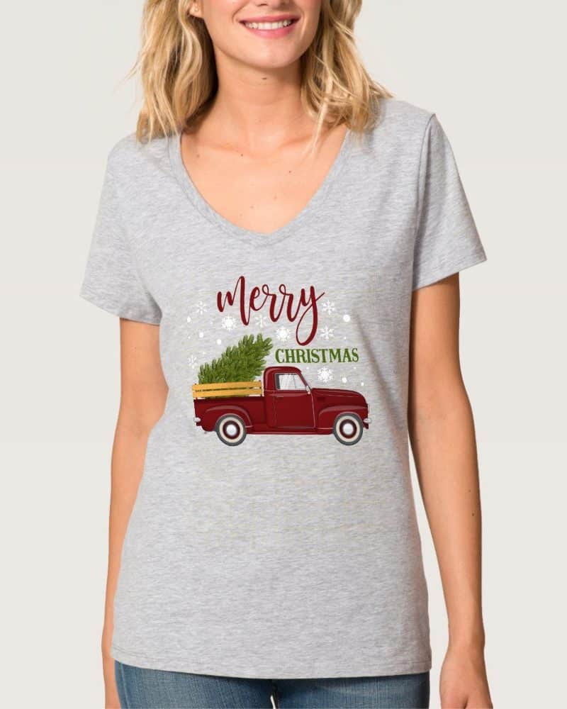 Gray v-neck t-shirt with a red vintage truck carrying a Christmas tree and the words Merry Christmas.