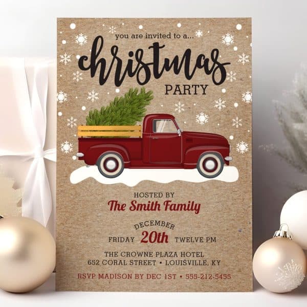 Christmas Party Invitation Featuring A Red Truck Carrying A Christmas Tree.