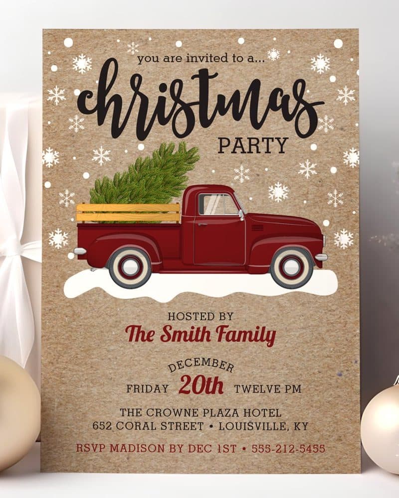 Christmas party invitation featuring a red truck carrying a Christmas tree.