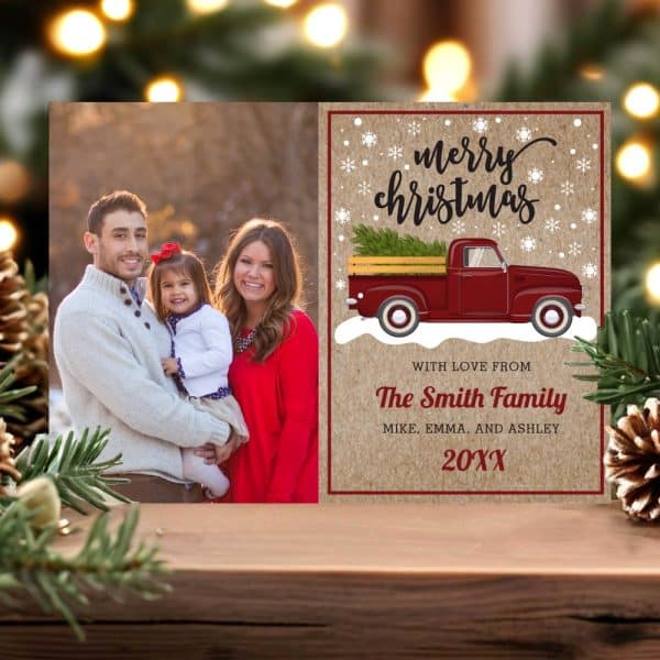 Christmas Card Featuring A Family Photo And A Red Truck Carrying A Christmas Tree.