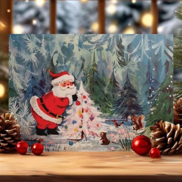 Vintage Christmas Card Depicting Santa Claus Decorating A Small, White Christmas Tree In A Snowy Forest.