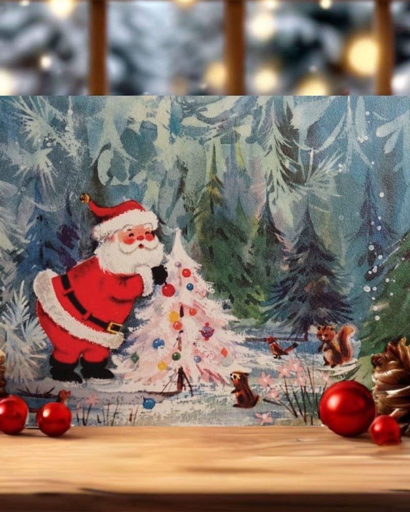 Vintage Christmas card depicting Santa Claus decorating a small, white Christmas tree in a snowy forest.