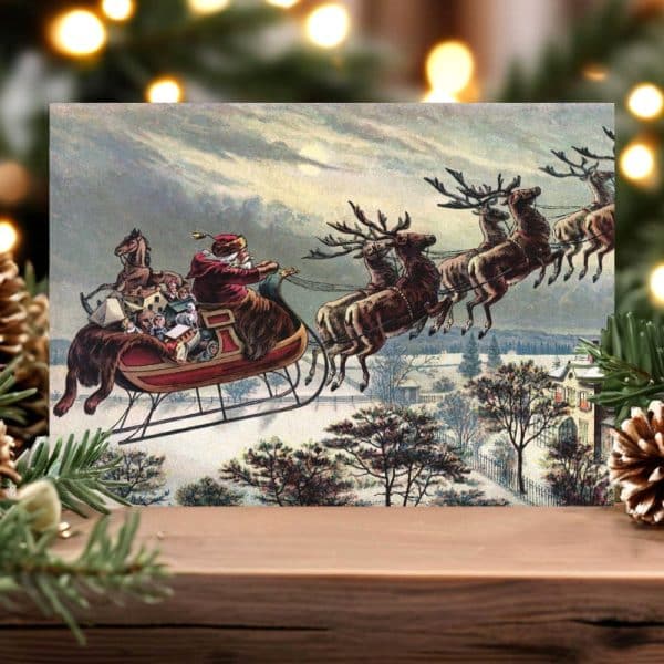 Vintage Christmas Postcard Depicting Santa Claus In His Sleigh Pulled By Reindeer, Flying Over A Snowy Landscape.