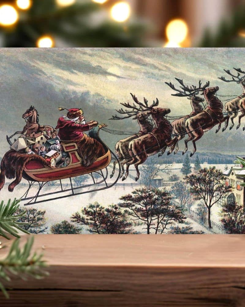 Vintage Christmas postcard depicting Santa Claus in his sleigh pulled by reindeer, flying over a snowy landscape.