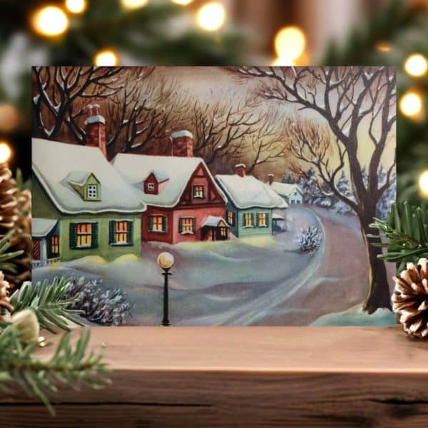 A Snow-Covered Christmas Village Scene With Houses Lit Up At Night.