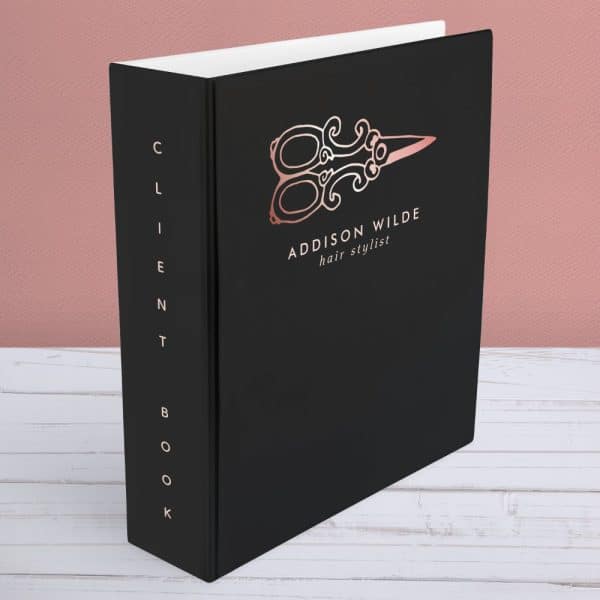 Black Client Book With Rose Gold Hairstylist Logo And Lettering.
