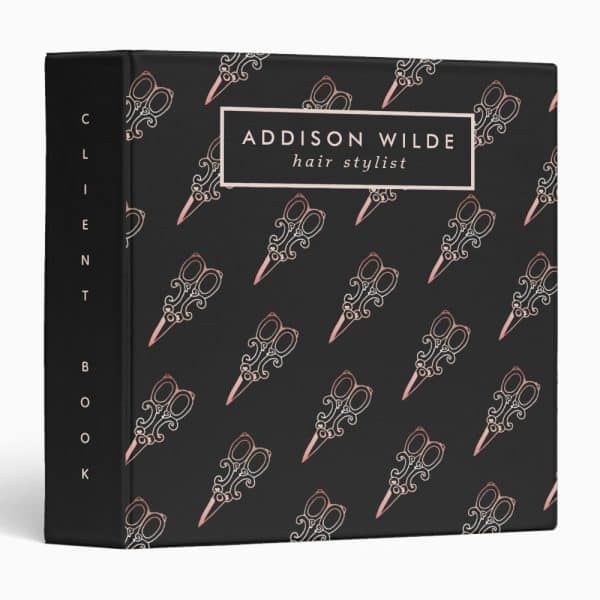 Black Client Book With Rose Gold Scissors Pattern And Addison Wilde Hair Stylist Text.