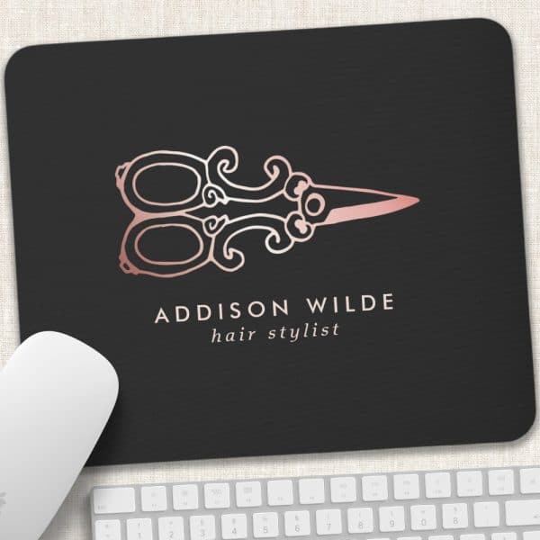 Black Mousepad With Rose Gold Graphic Of Ornate Scissors And Addison Wilde Hair Stylist Text.