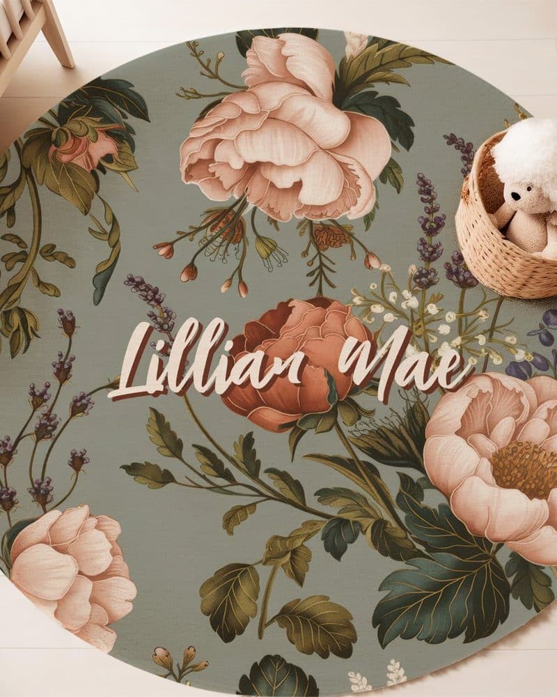 Round floral rug with the name Lillian Mae.