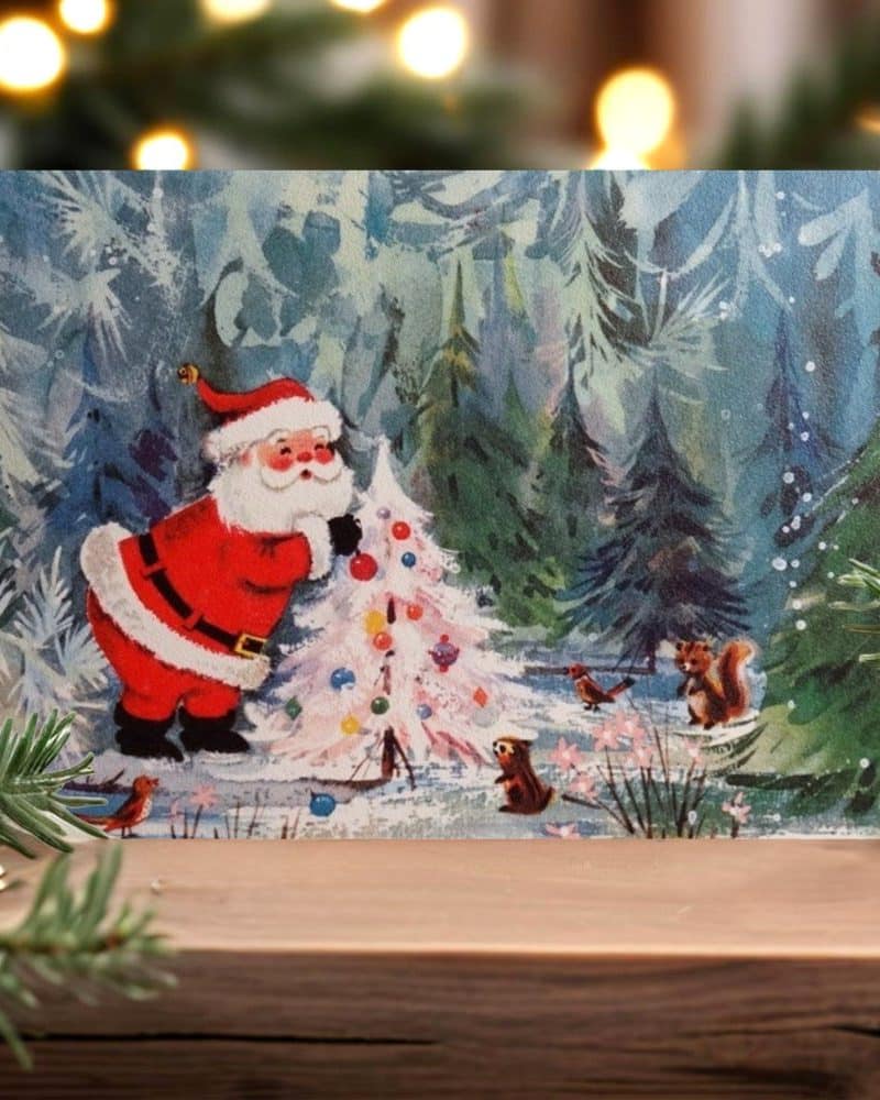 Vintage Christmas card depicting Santa Claus admiring a decorated Christmas tree in a snowy forest scene with small animals.