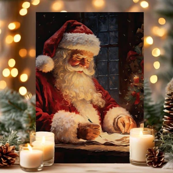 Santa Claus Writing A Letter At A Table, Illuminated By Candlelight.