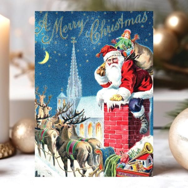 Vintage Christmas Postcard Depicting Santa Claus Emerging From A Chimney, His Reindeer-Drawn Sleigh Nearby.