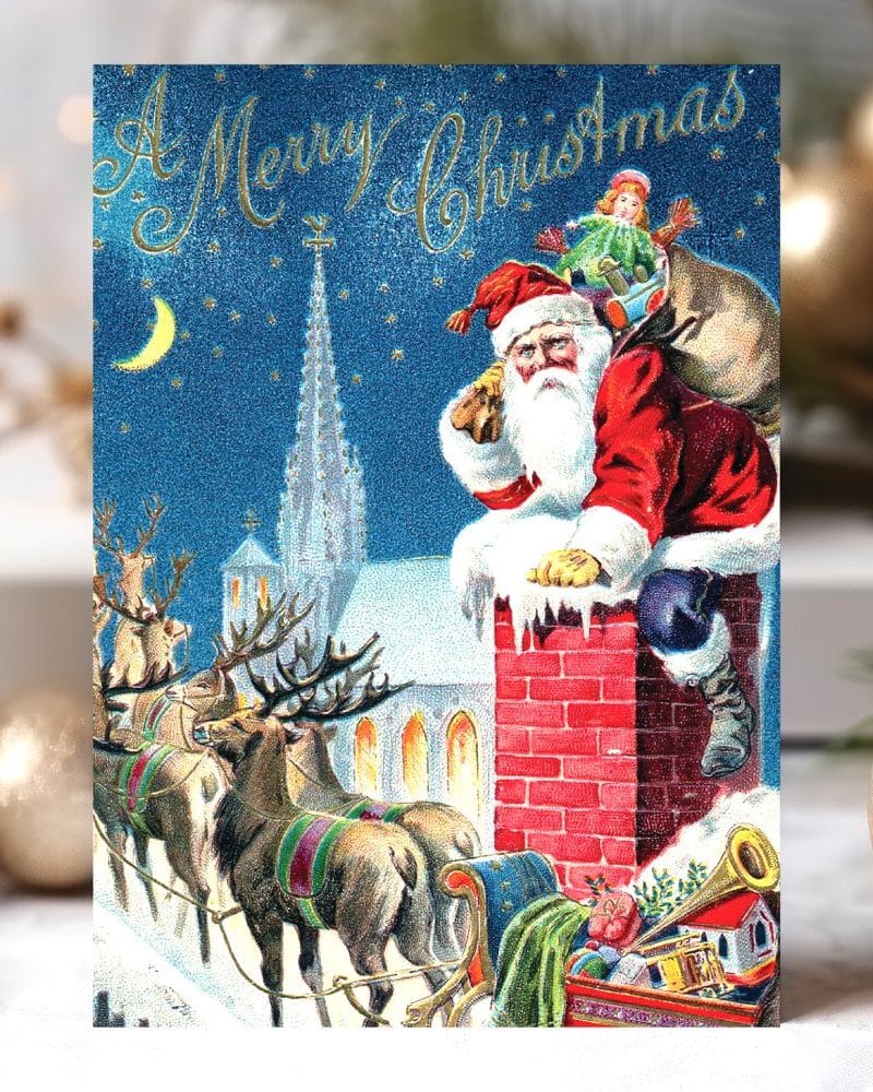 Vintage Christmas postcard depicting Santa Claus emerging from a chimney, his reindeer-drawn sleigh nearby.
