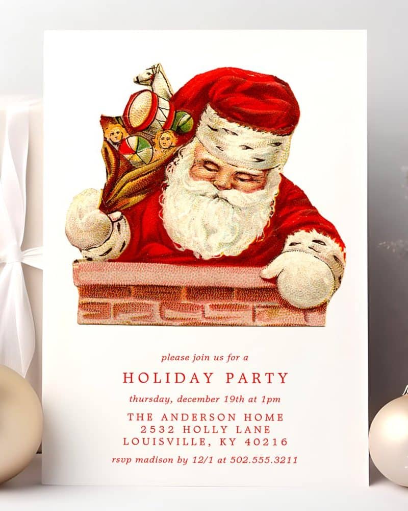 Vintage illustration of Santa Claus emerging from a chimney, carrying a bag of toys. Holiday party invitation.