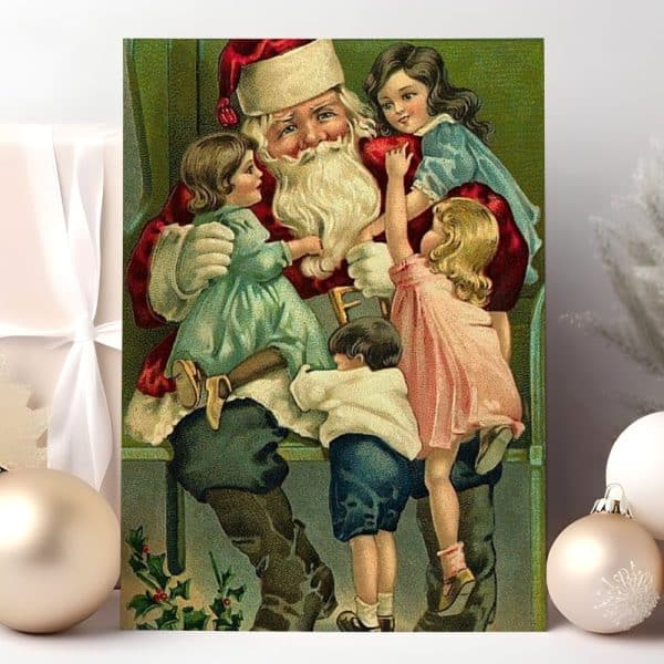 Vintage Illustration Of Santa Claus Seated, Surrounded By Four Children Eagerly Interacting With Him.