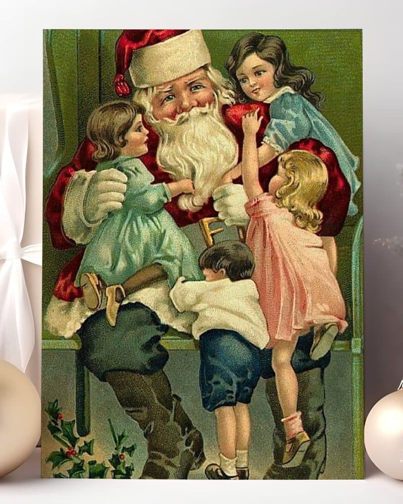 Vintage illustration of Santa Claus seated, surrounded by four children eagerly interacting with him.
