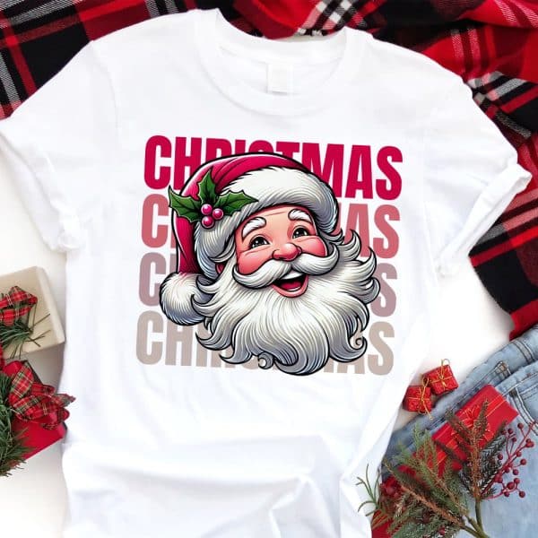 White T-Shirt With A Cheerful Santa Claus Illustration And The Word Christmas Repeated Vertically.
