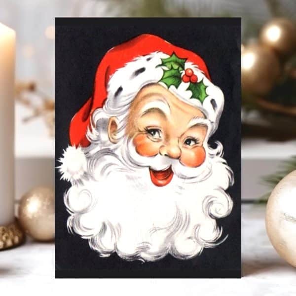 Smiling Santa Claus Close-Up, Wearing A Red Hat With A Holly Sprig.