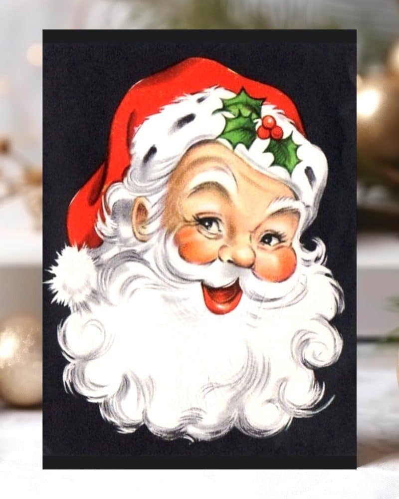 Smiling Santa Claus close-up, wearing a red hat with a holly sprig.