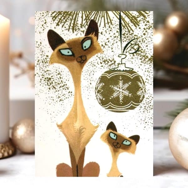 Christmas Card Featuring Two Stylized Siamese Cats Near A Snowflake Ornament.