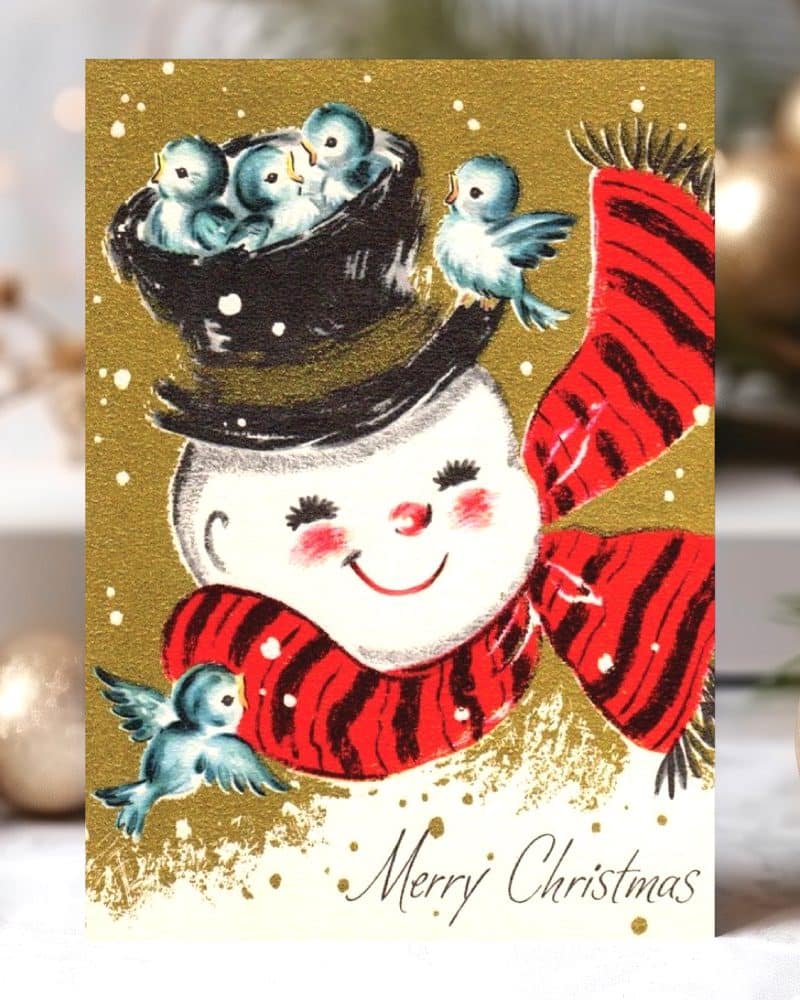 A smiling snowman wearing a top hat and red and black scarf, with birds nestled in his hat.