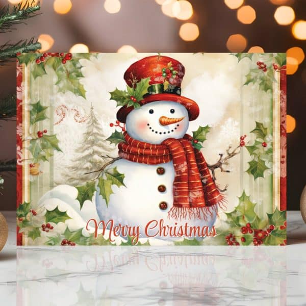 Christmas Card Featuring A Snowman Wearing A Red Hat And Scarf.