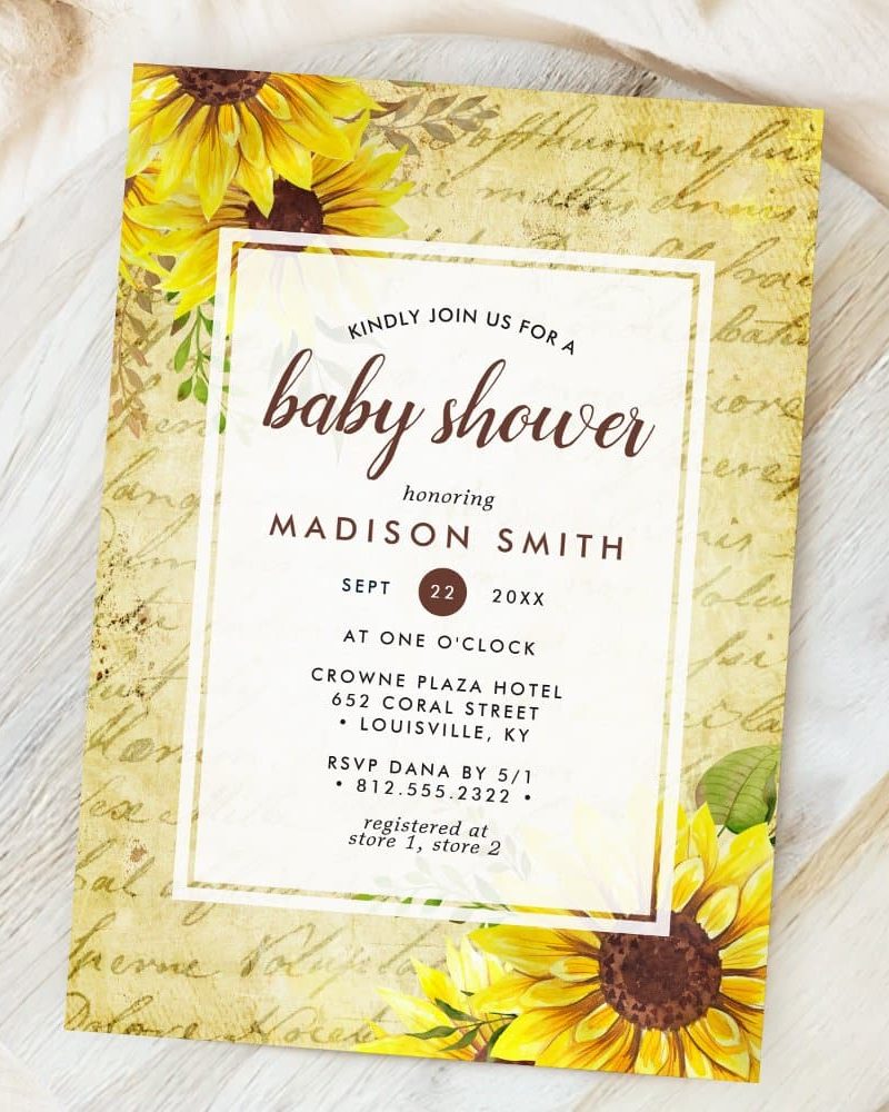 Baby shower invitation featuring sunflowers for Madison Smith.