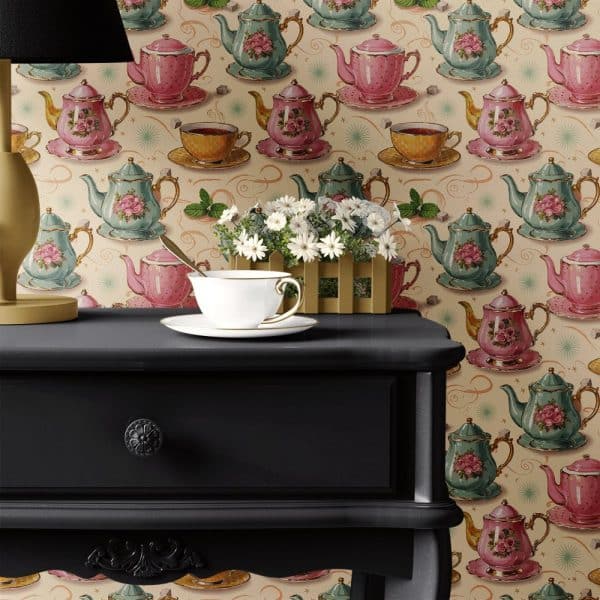 A Teacup And Saucer Sit On A Dark Dresser In Front Of Wallpaper Featuring A Repeating Pattern Of Teapots And Teacups.