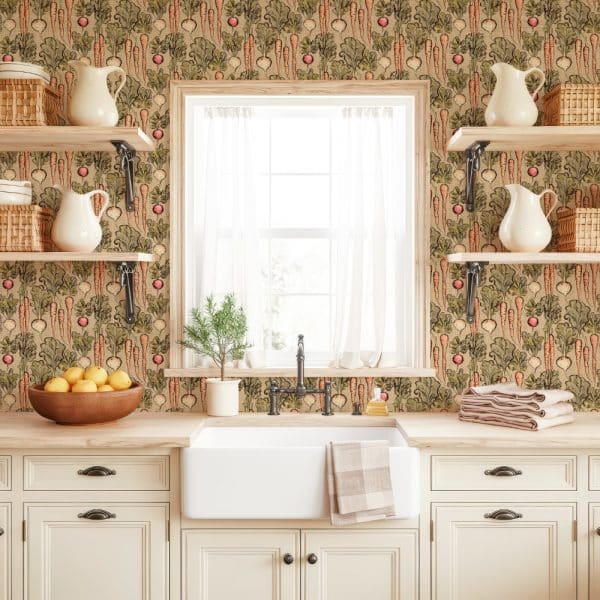 Kitchen Sink And Counter With Vegetable Wallpaper.