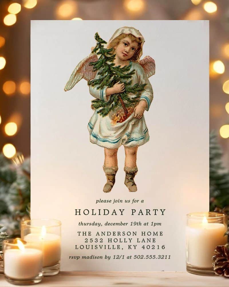 Christmas party invitation featuring an angelic child carrying a Christmas tree.