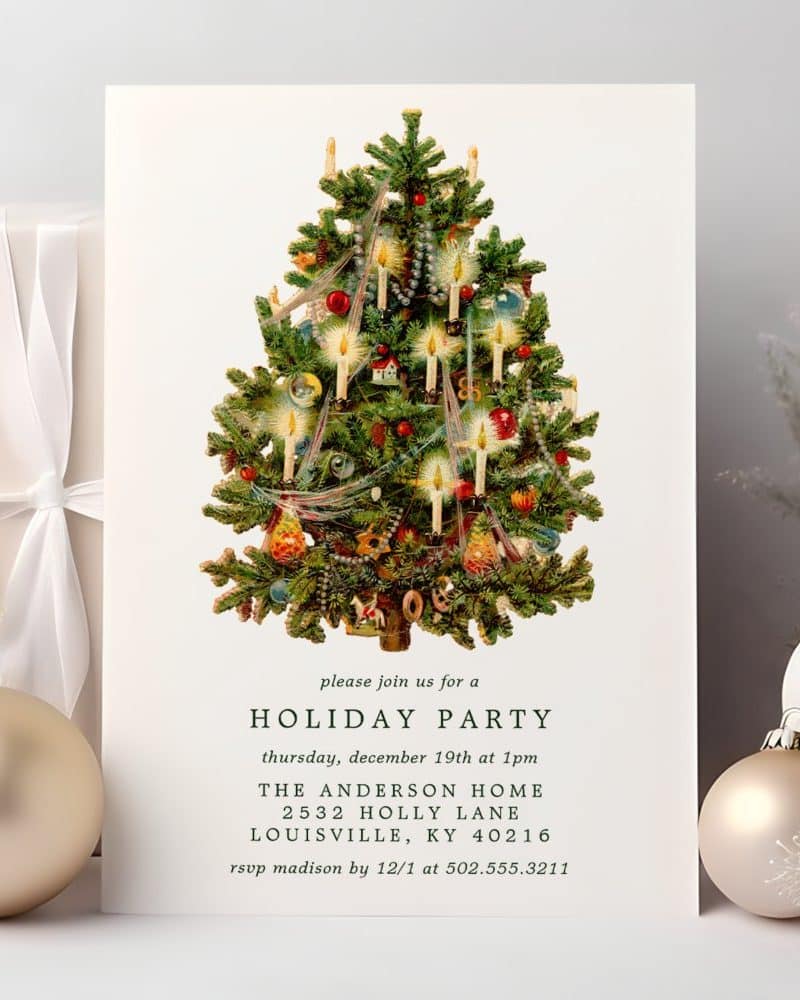 Holiday party invitation featuring an antique illustration of a decorated Christmas tree.