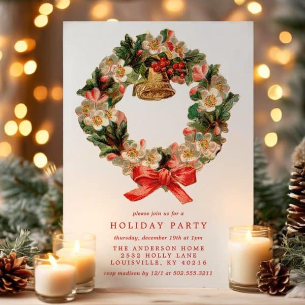 Holiday Party Invitation Featuring A Vintage Floral Wreath With A Bell And Red Bow.
