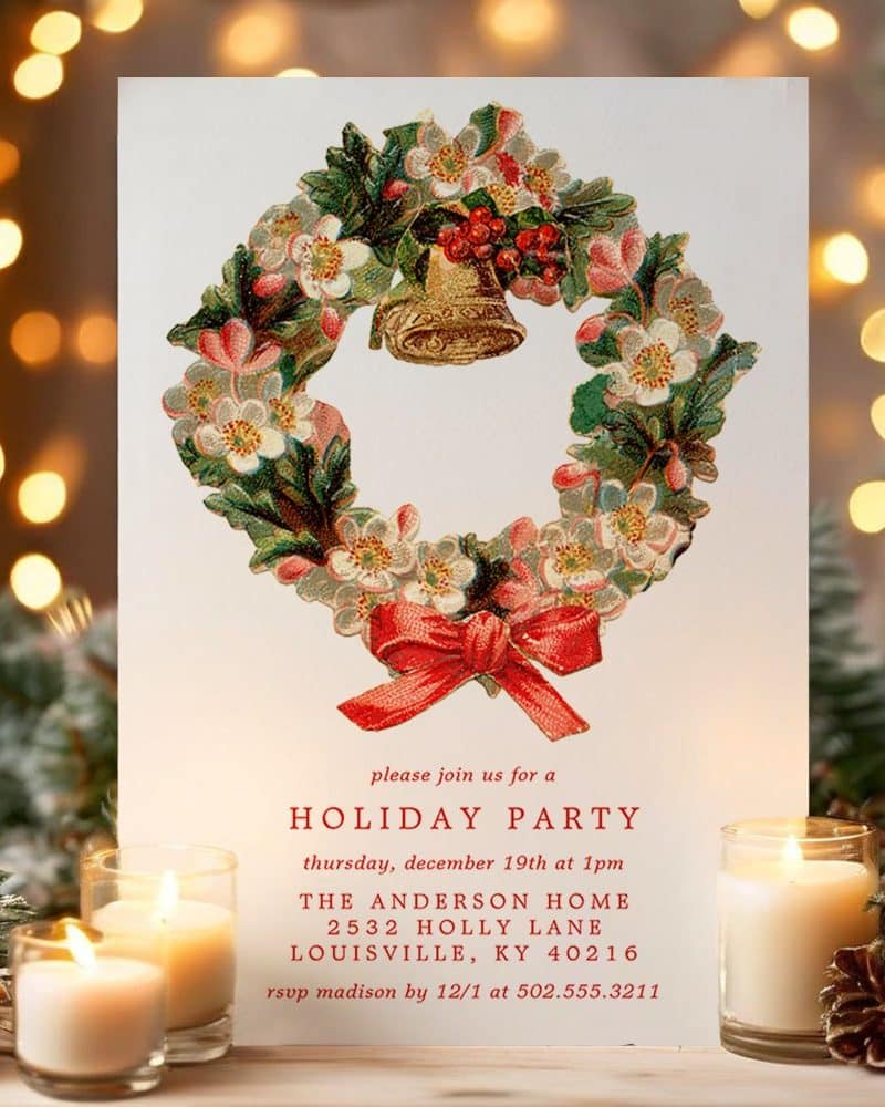 Holiday party invitation featuring a vintage floral wreath with a bell and red bow.