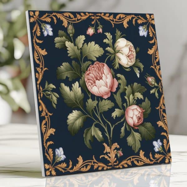 Dark Blue Square Tile Featuring A Painted Floral Design With Pink And White Roses And Gold Ornate Border.