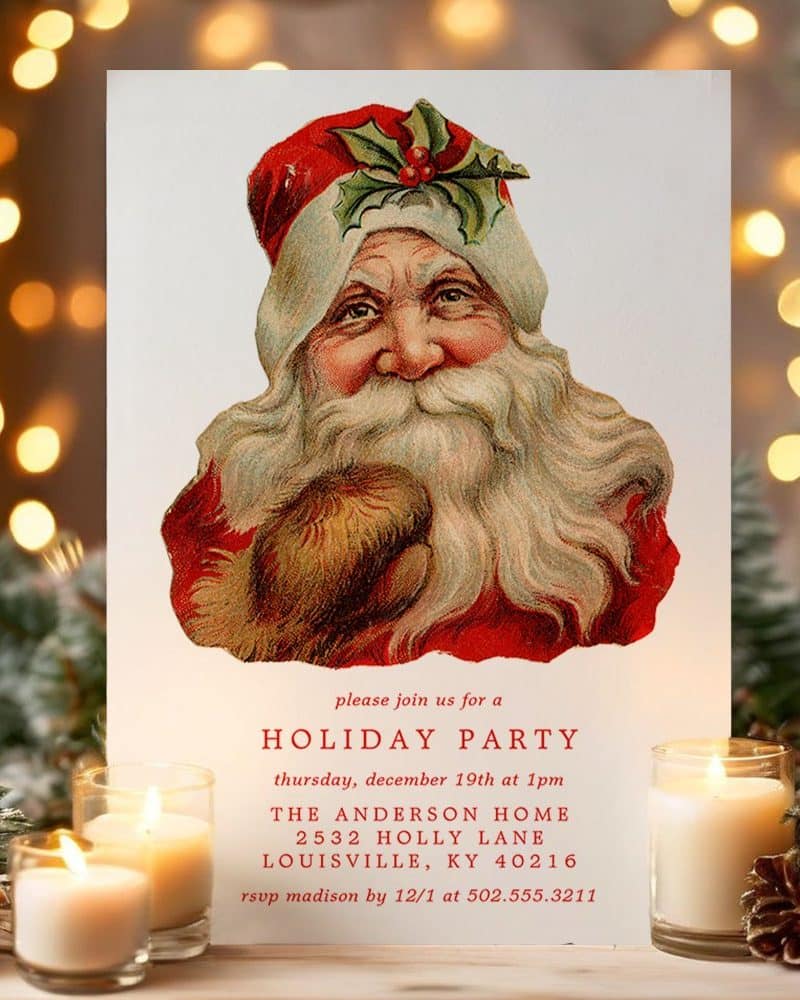 Vintage Santa Claus holiday party invitation.