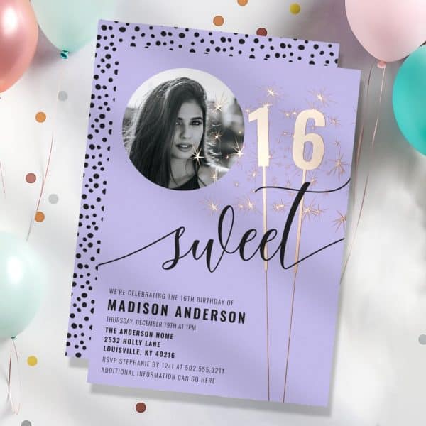 Lavender Sweet Sixteen Invitation With A Photo Of The Birthday Girl And Gold Sparklers Forming The Number Sixteen.