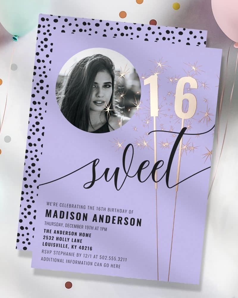 Lavender sweet sixteen invitation with a photo of the birthday girl and gold sparklers forming the number sixteen.