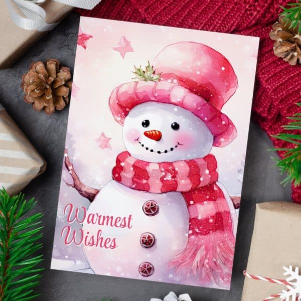 Watercolor Christmas Card Featuring A Friendly Snowman In A Pink Hat And Scarf. Warmest Wishes Are Written Below.