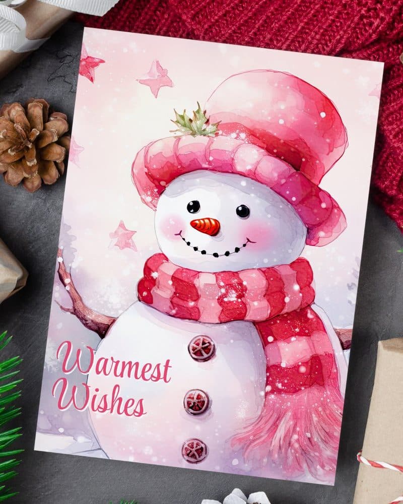 Watercolor Christmas card featuring a friendly snowman in a pink hat and scarf. Warmest wishes are written below.