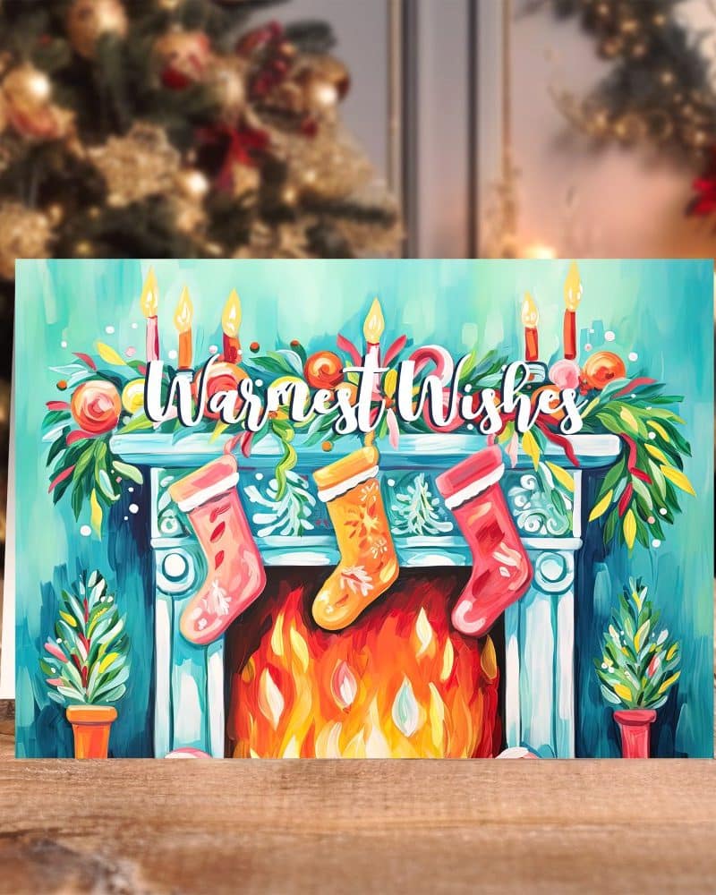 Christmas card depicting three stockings hanging from a fireplace mantel with a burning fire. Warmest Wishes is written above the mantel.