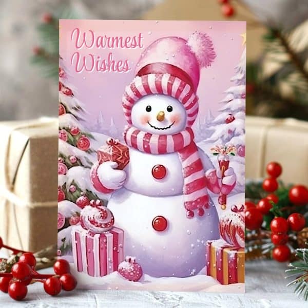Christmas Card Featuring A Smiling Snowman In A Pink Hat And Scarf, Holding A Gift.