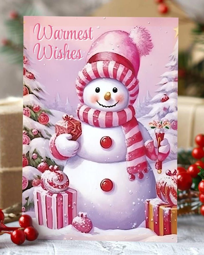 Christmas card featuring a smiling snowman in a pink hat and scarf, holding a gift.
