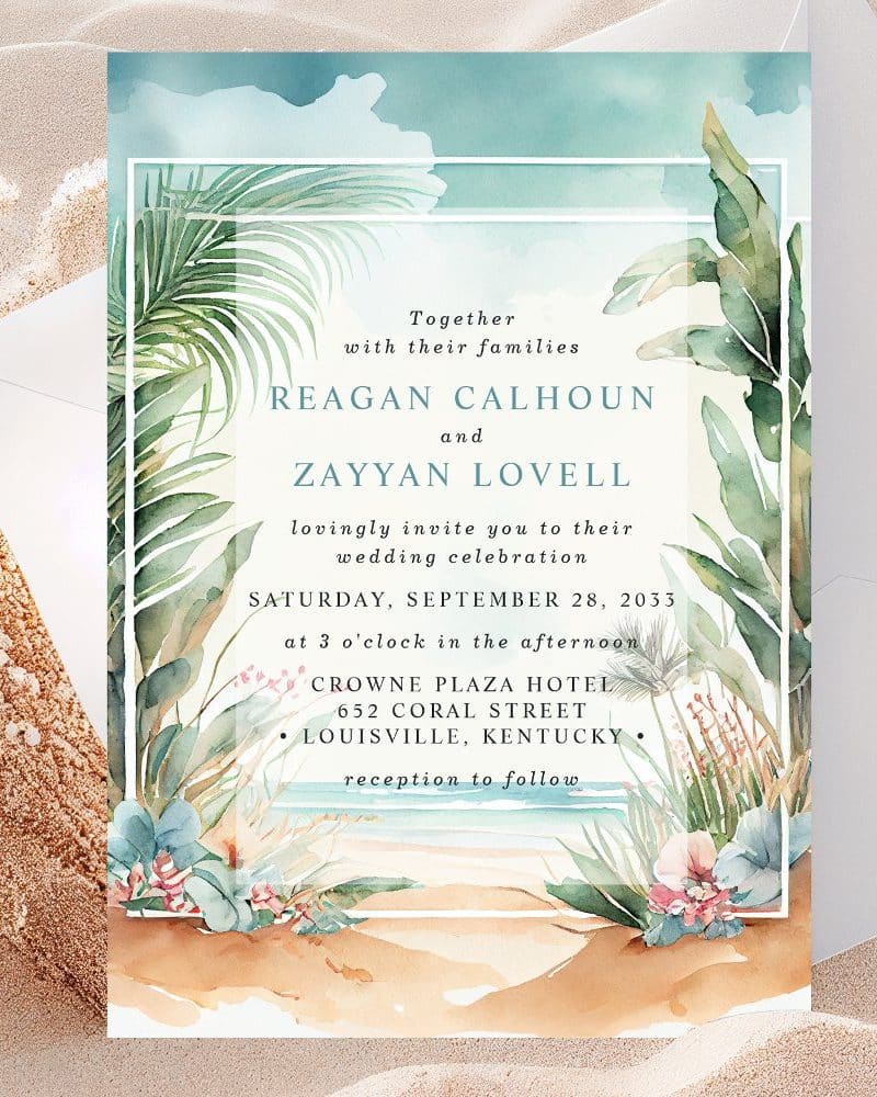 Wedding invitation with tropical watercolor design; Reagan Calhoun and Zayyan Lovell's names are prominently displayed.